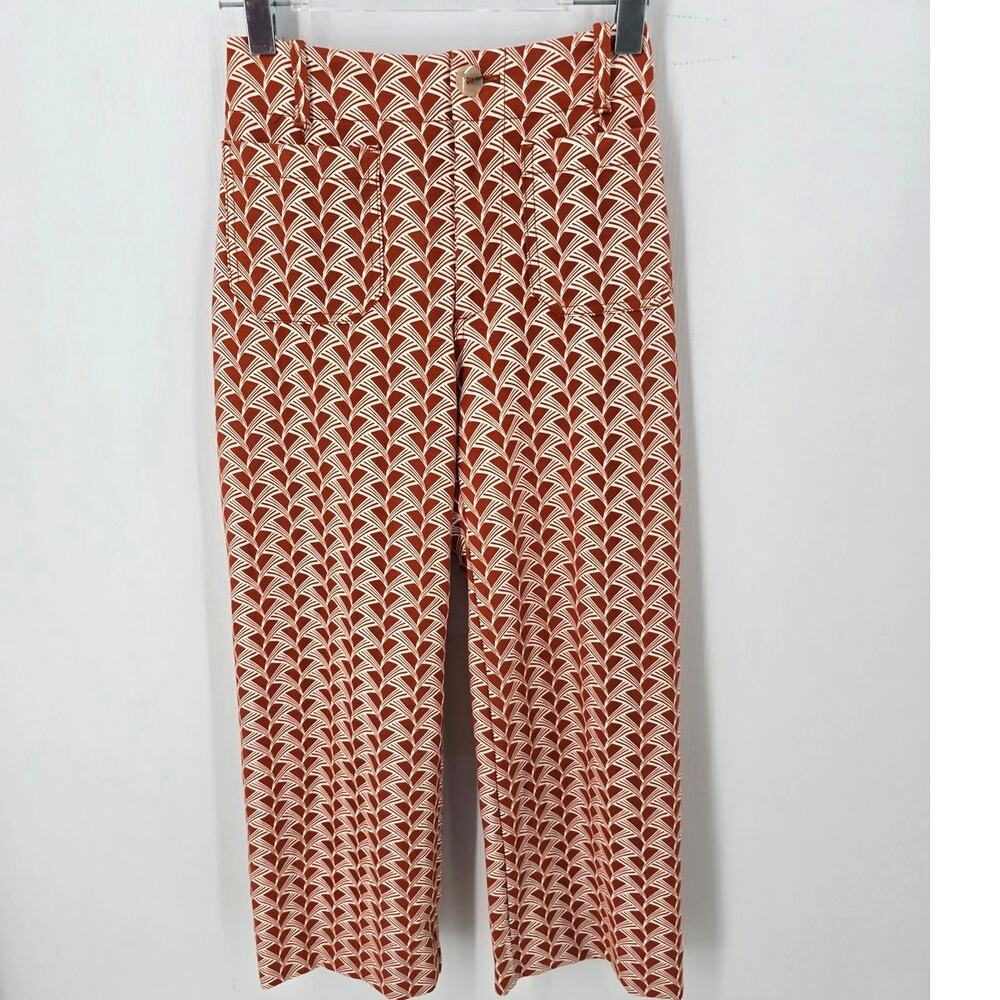 Maeve Anthro The Colette Cropped Wide Leg Pants Rust Orange Geometric Print 25